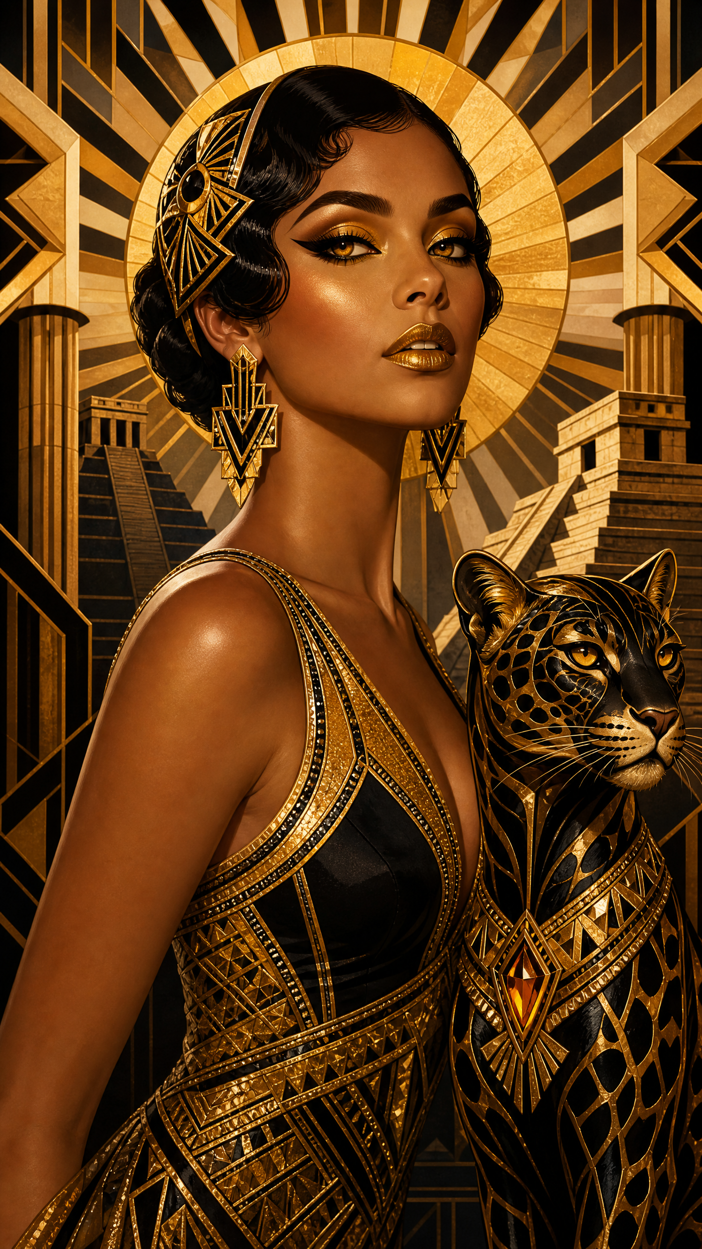 Art Deco portrait of elegant Black flapper woman in gold-accented gown beside ornate gilded jaguar, geometric sunburst bac...