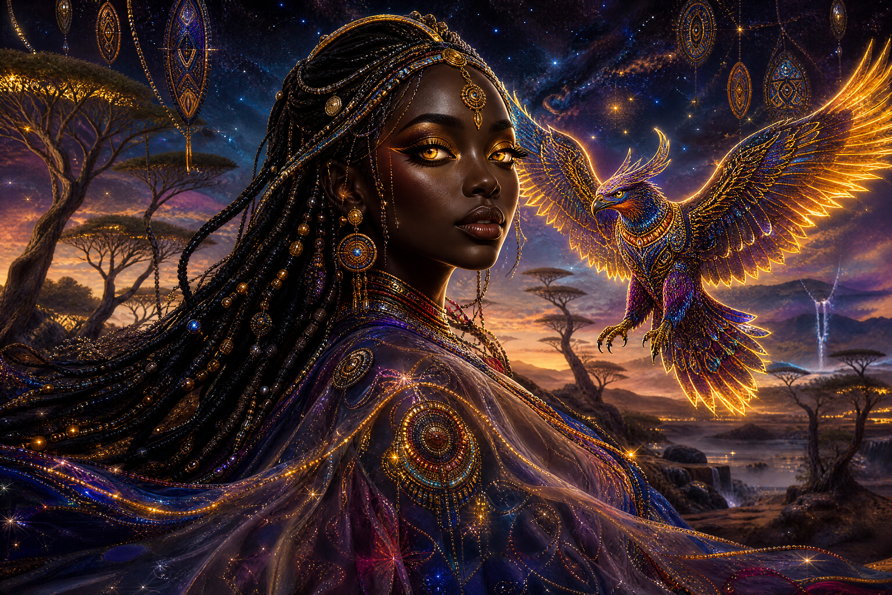 [Regal dark-skinned fantasy goddess with glowing golden eyes stands beside an ornate glowing phoenix over a cosmic African...