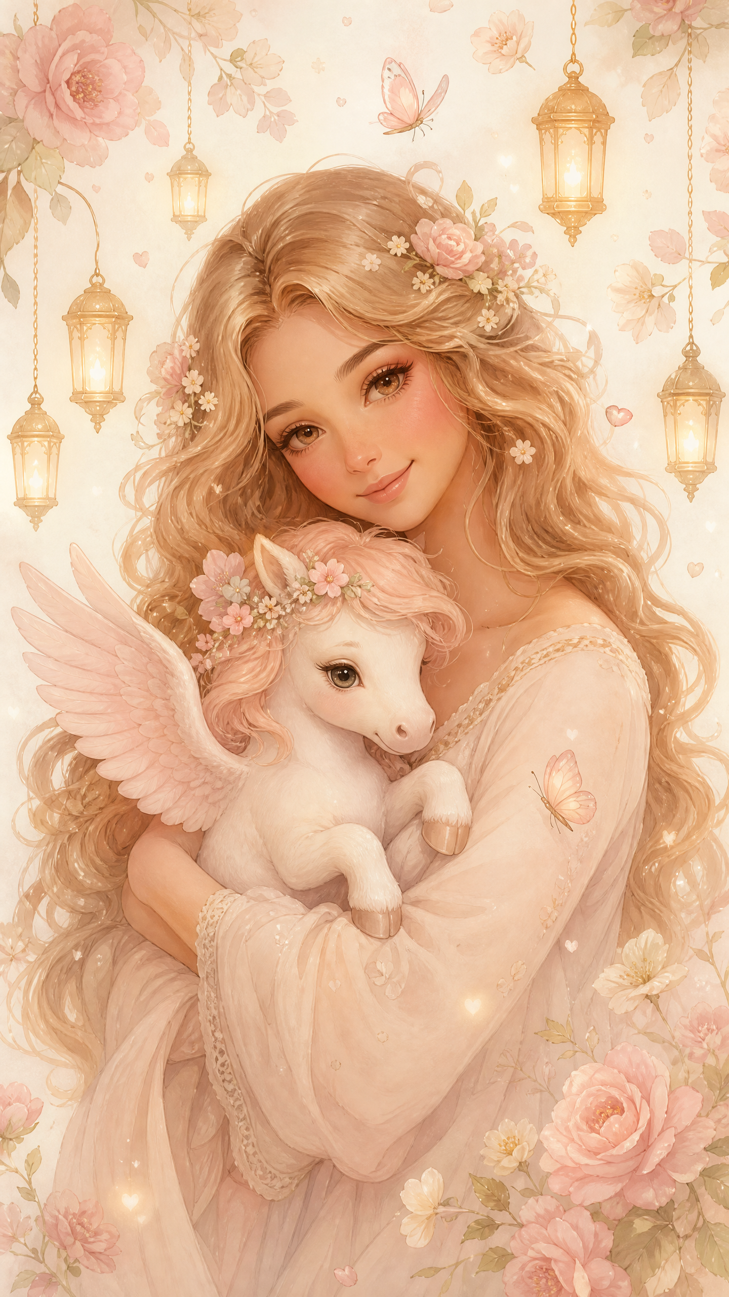 Soft pastel fantasy art of a gentle fairy holding a baby winged pegasus, surrounded by pink roses, glowing lanterns, and b...