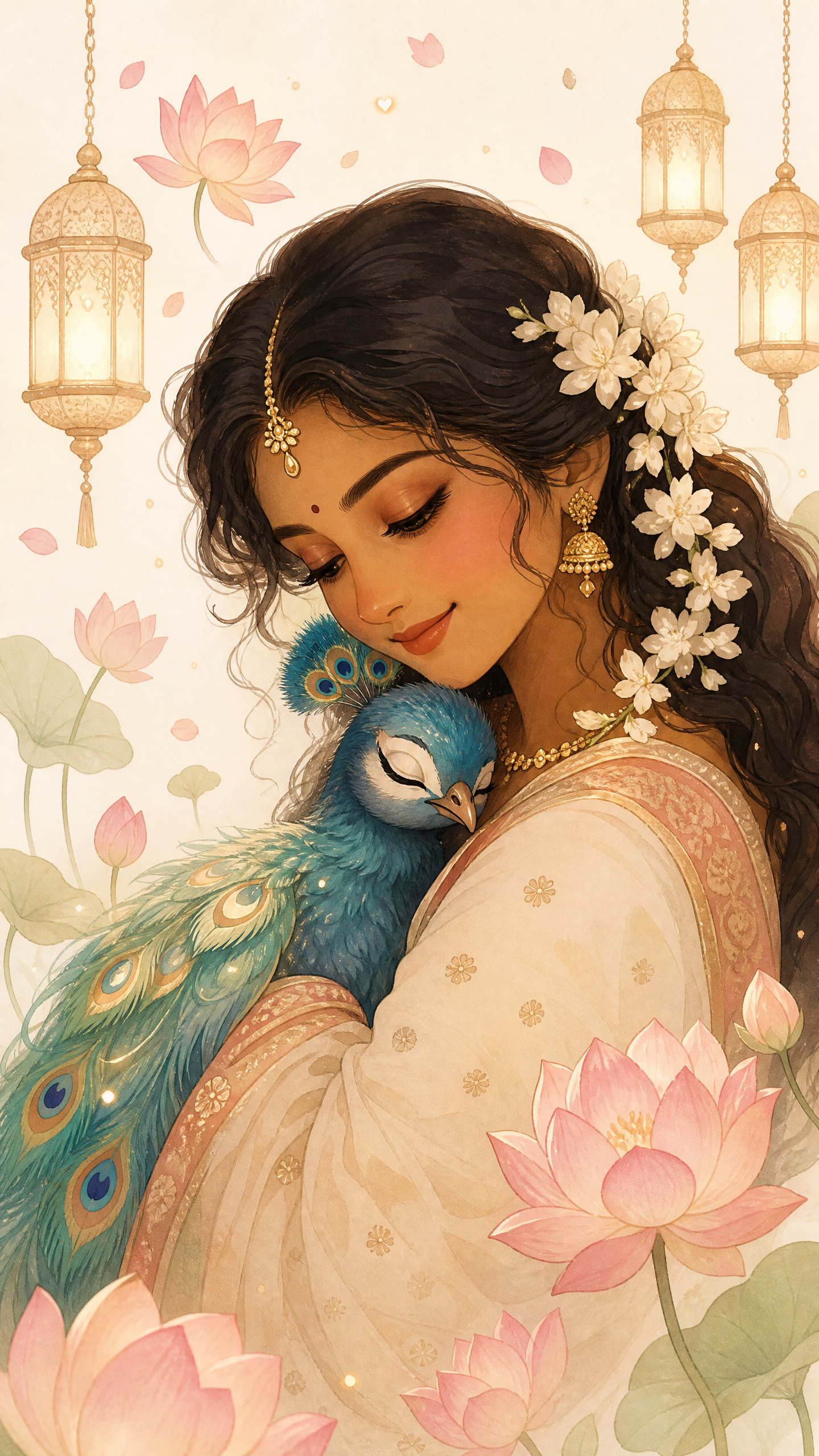 [Soft illustration of a gentle South Asian woman holding a sleeping peacock, framed by pink lotuses and glowing golden han...
