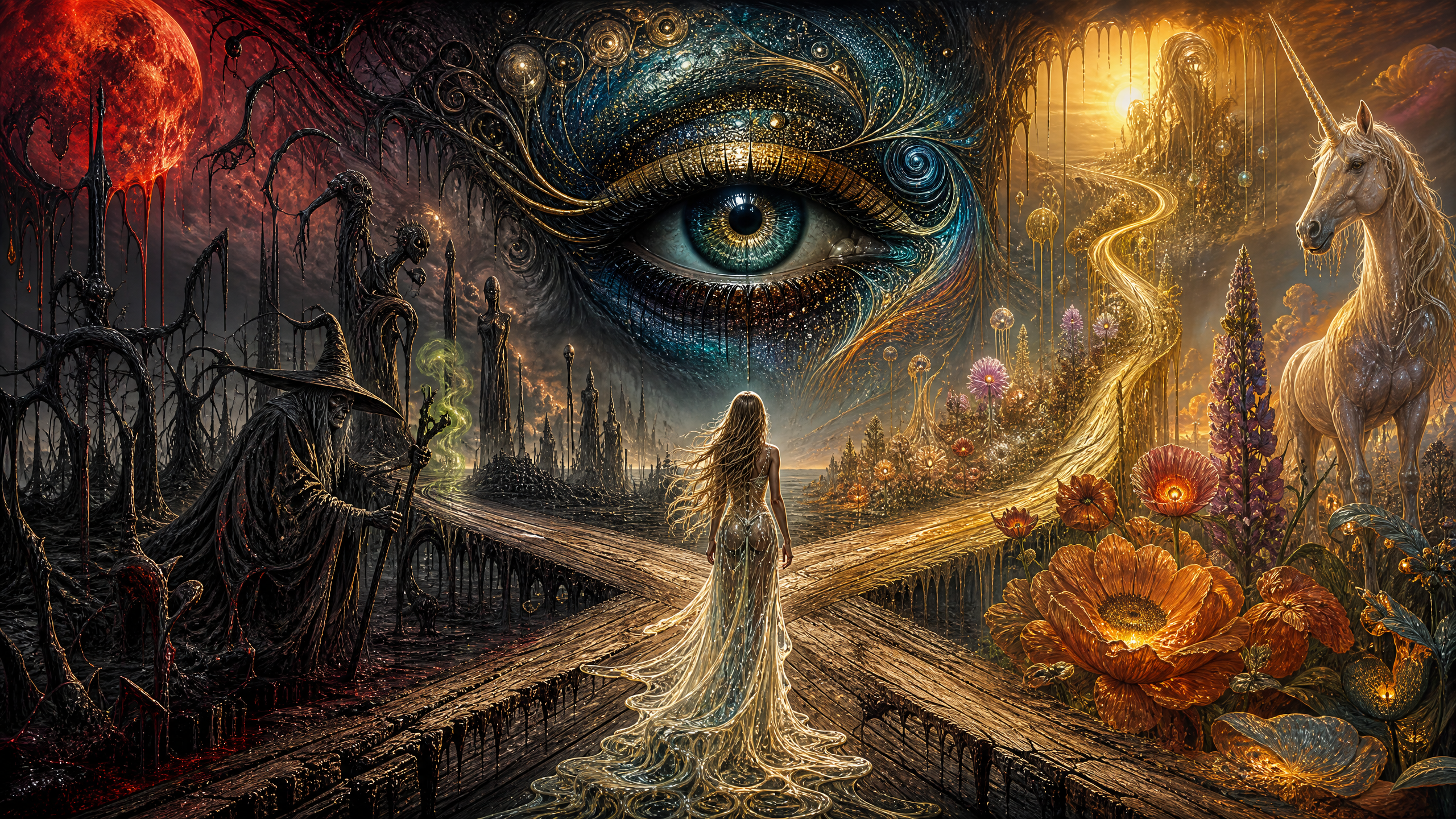 Woman at a fantasy crossroads between dark and enchanted realms, giant cosmic all-seeing eye looms overhead