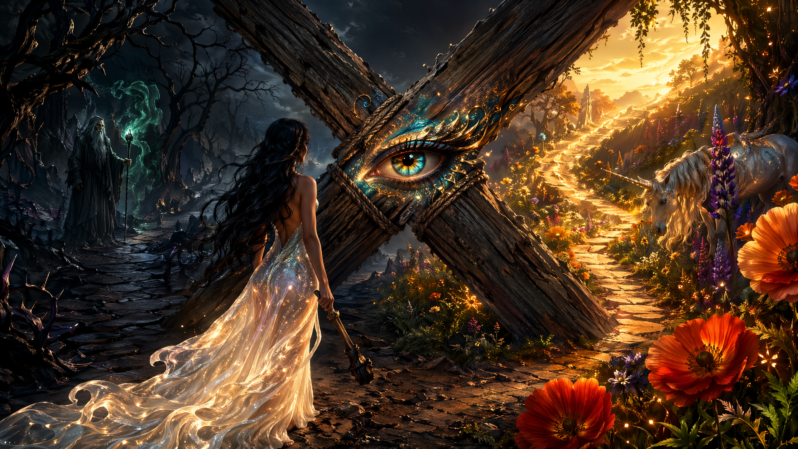 A fantasy crossroads scene where a woman in a glowing gown faces a giant all-seeing eye dividing dark woods and a sunlit u...