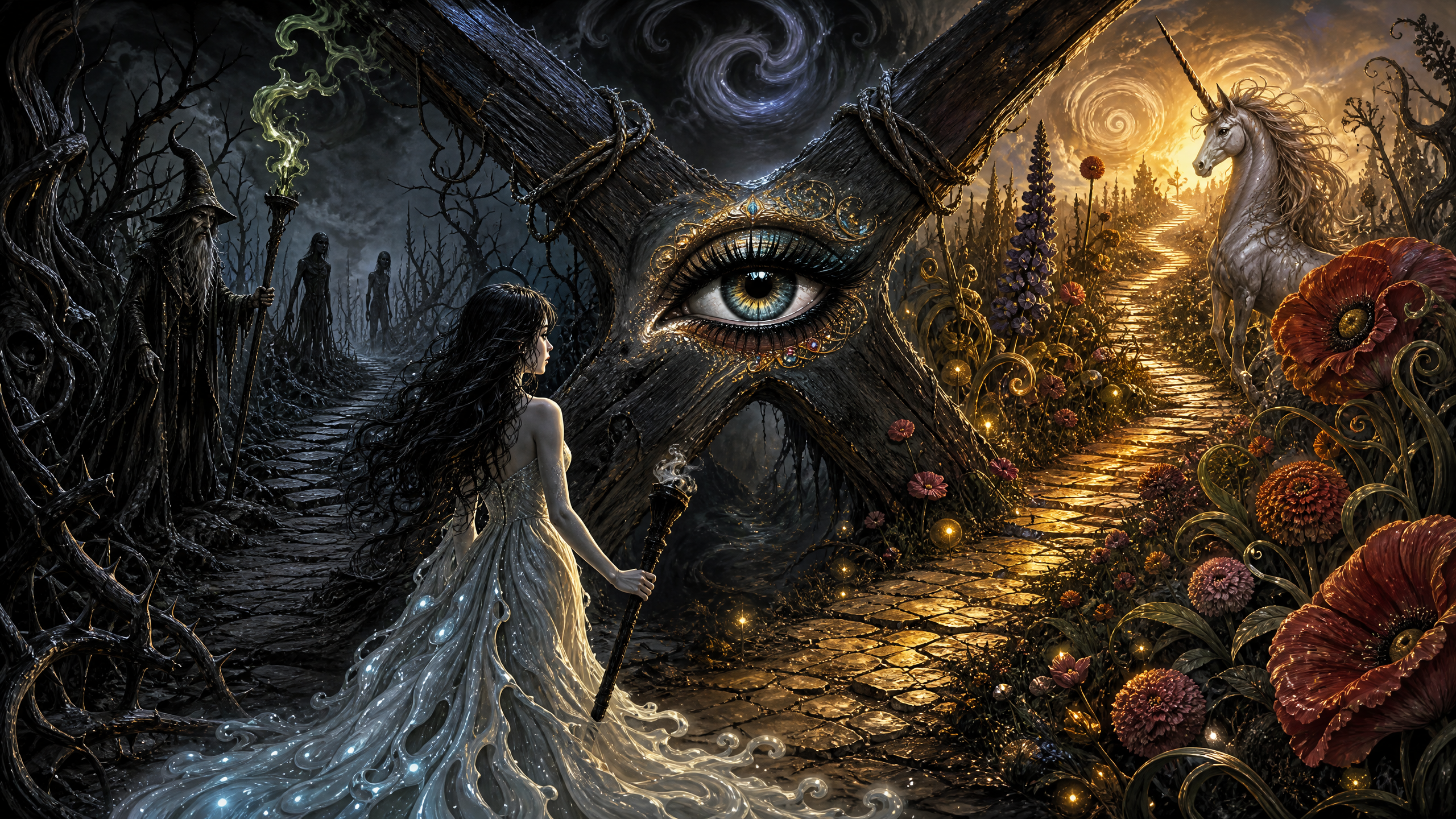 Fantasy illustration of a heroine at a crossroads before an all-seeing eye portal, choosing between dark and light magical...