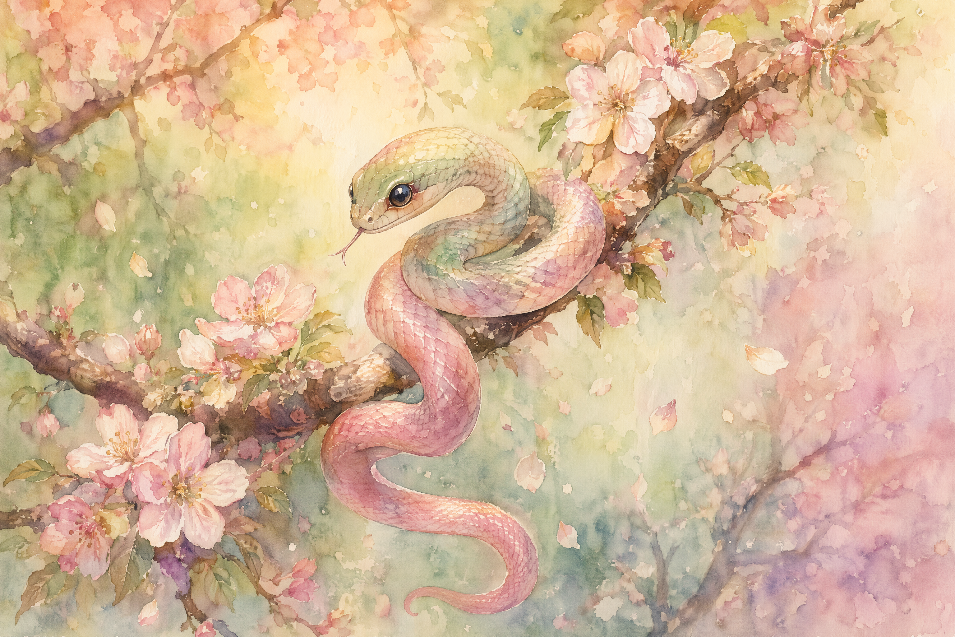 Soft watercolor illustration of a pastel gradient snake coiled on a blooming cherry blossom branch with drifting pink petals