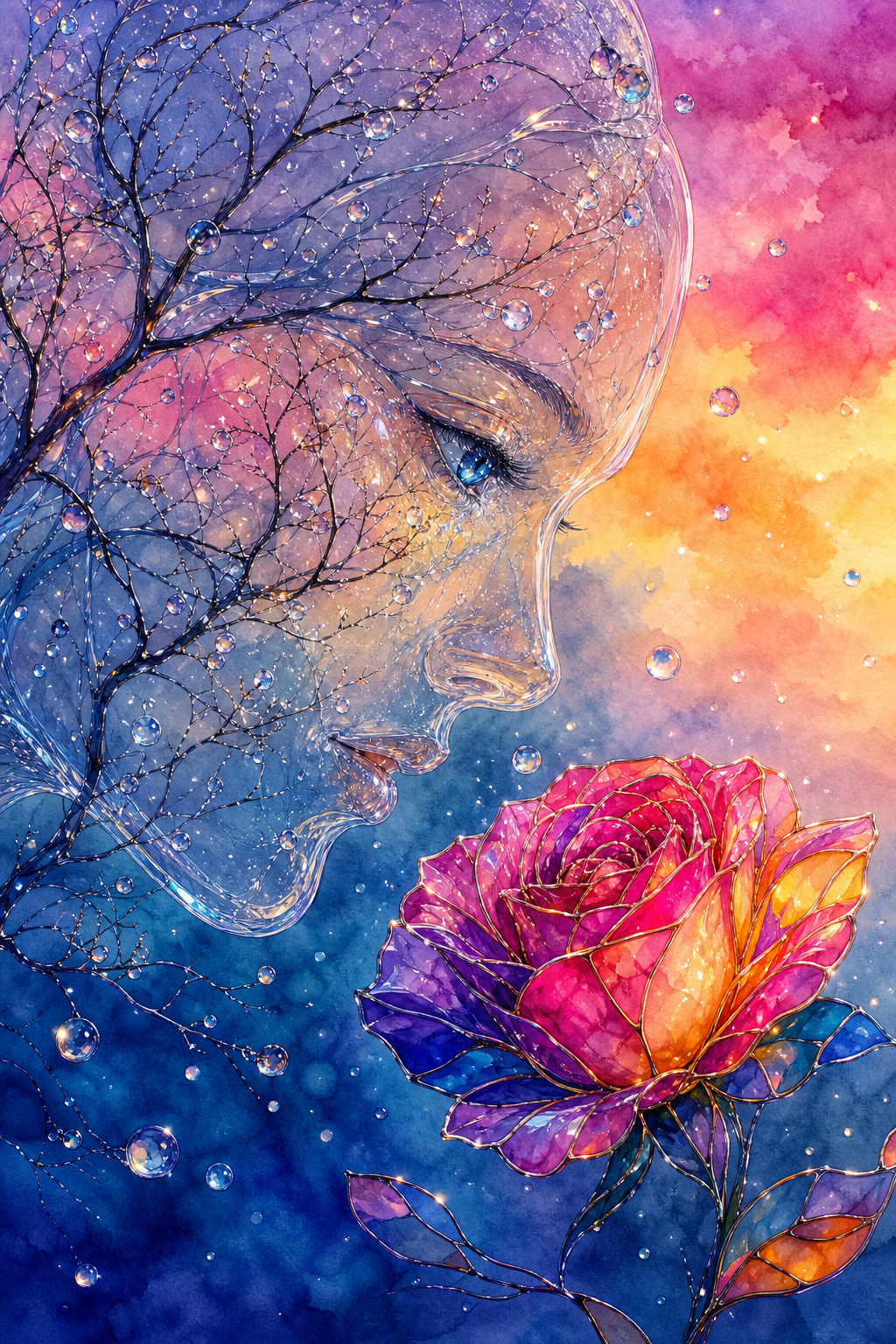 [Surreal ethereal watercolor of translucent nature spirit profile gazing at stained glass rainbow rose against gradient su...