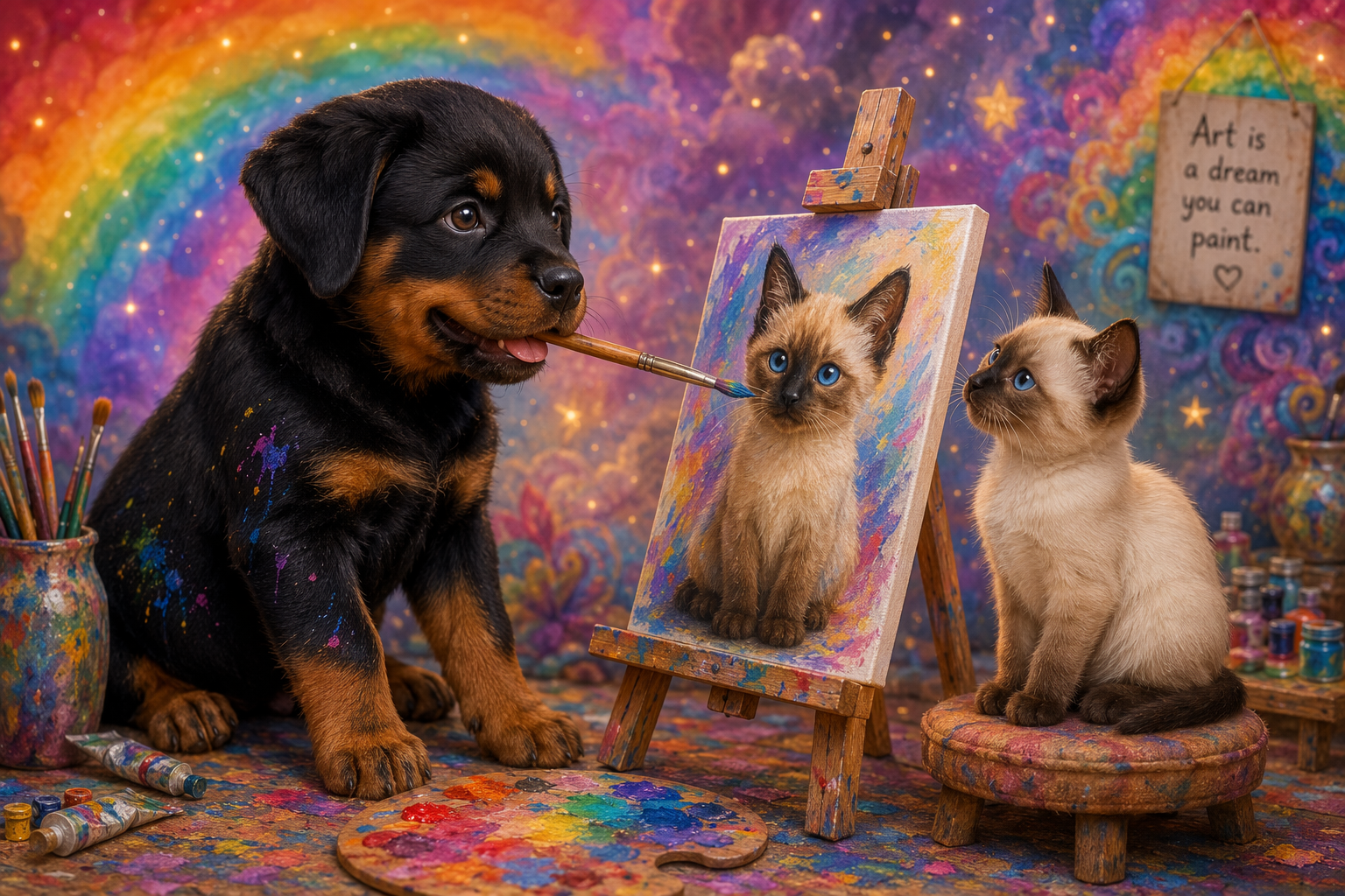 [Paint-splattered rottweiler puppy holds a paintbrush, painting a portrait of a Siamese kitten beside the real cat in a wh...