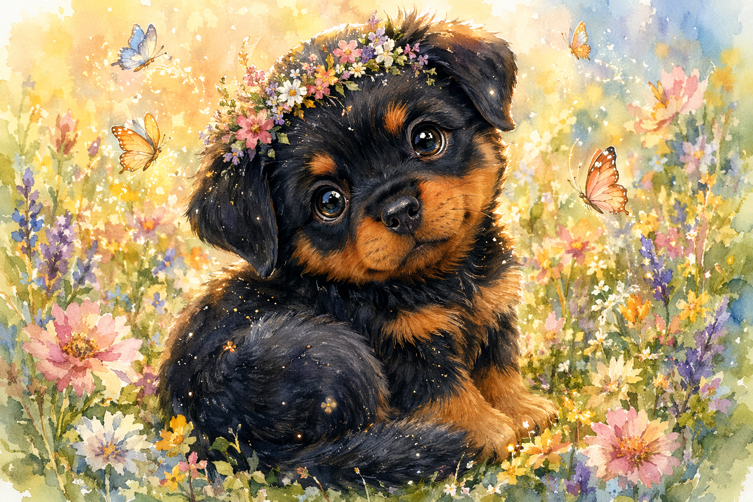 Watercolor of an adorable Rottweiler puppy with a wildflower crown sitting in a sunny wildflower meadow with fluttering bu...