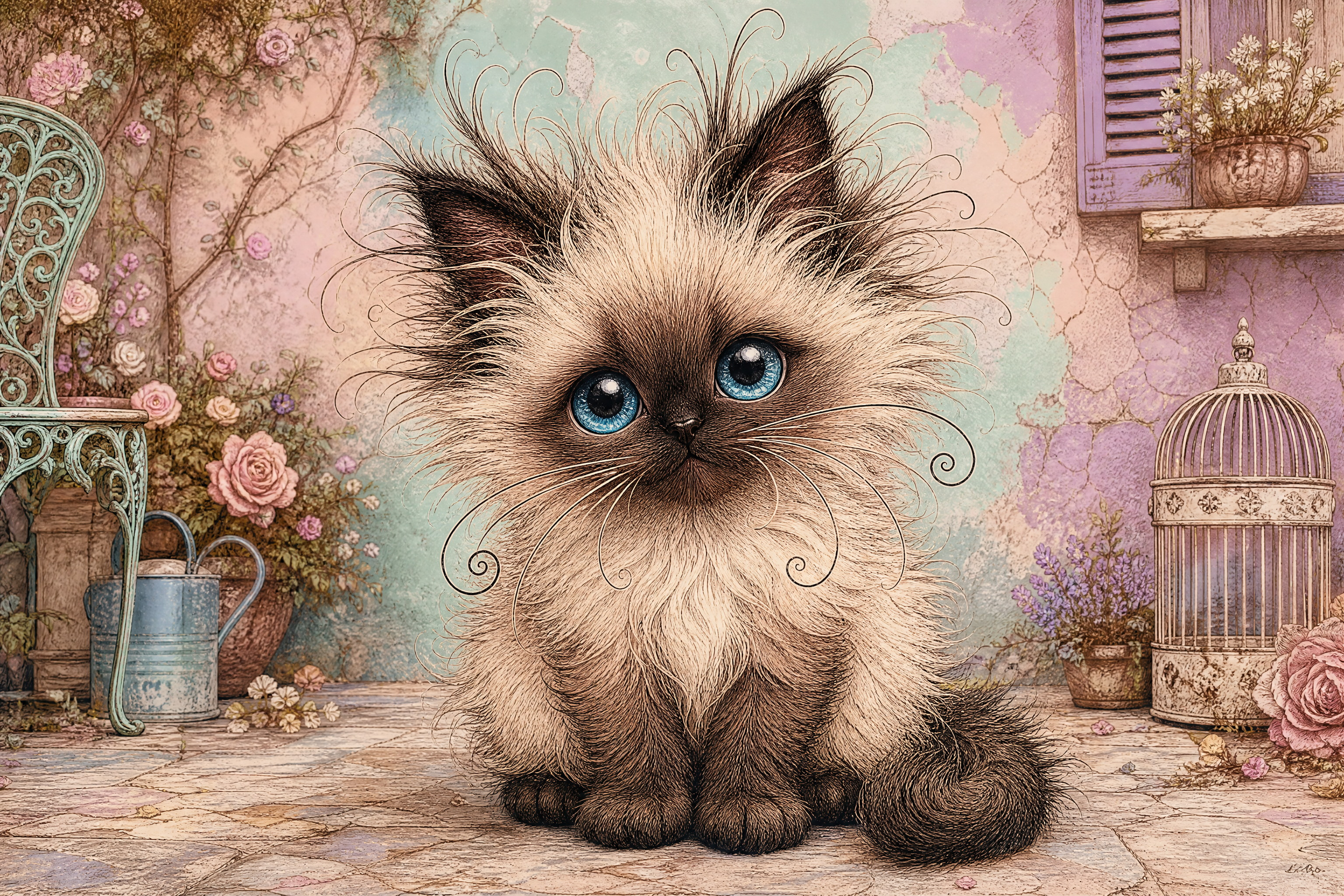 Whimsical fluffy Himalayan kitten with bright blue eyes sits on a pastel shabby chic cottage patio