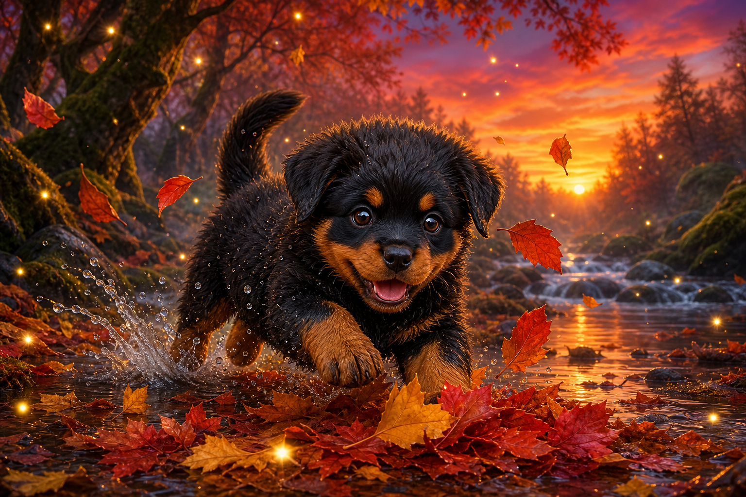 [Playful rottweiler puppy splashes in shallow autumn stream at golden sunset, surrounded by falling red maple leaves and t...
