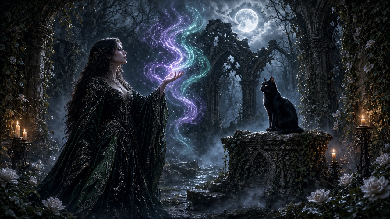 Enchantress conjures glowing purple teal magic, black cat familiar sits on altar in moonlit overgrown gothic ruins.