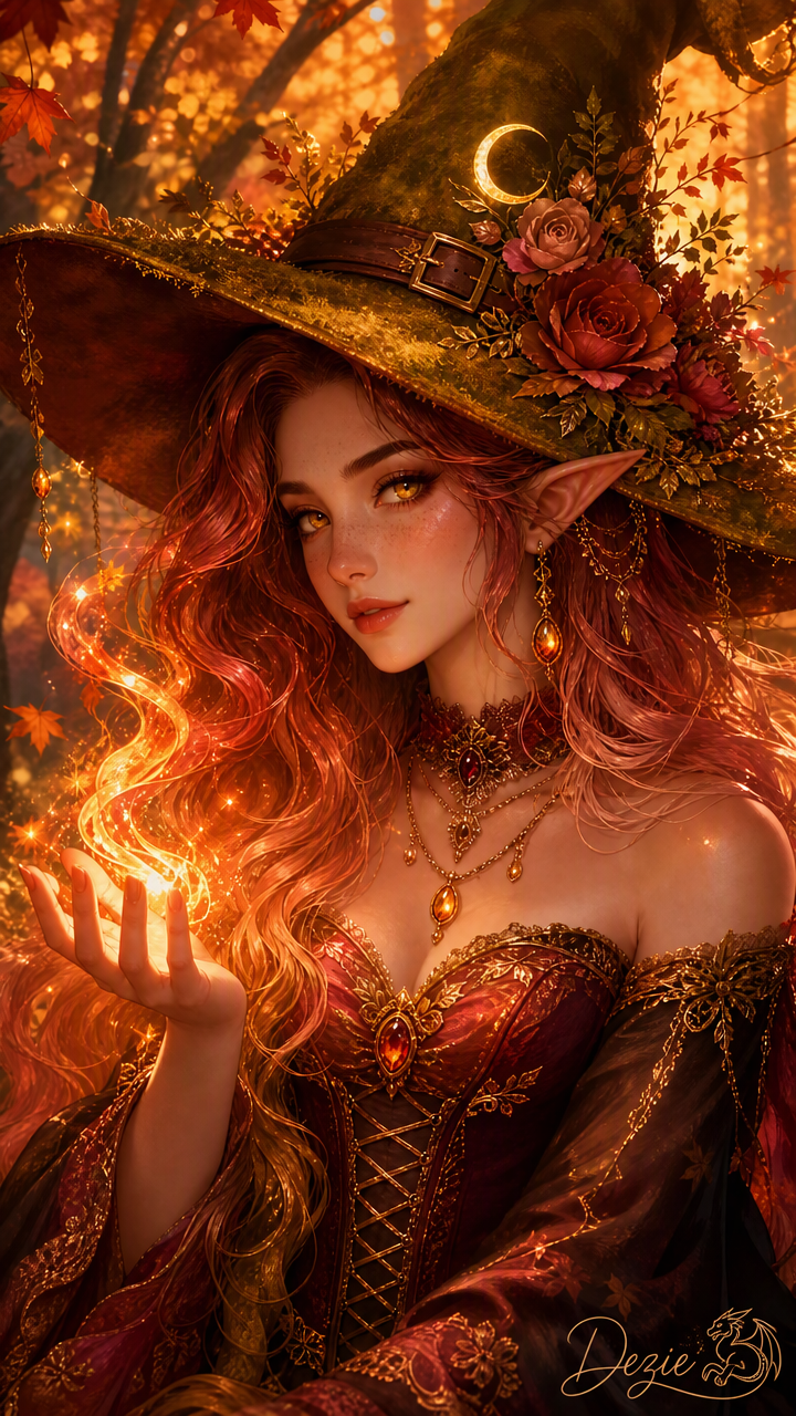 Elven autumn witch holds glowing warm magic in a sunlit enchanted fall forest