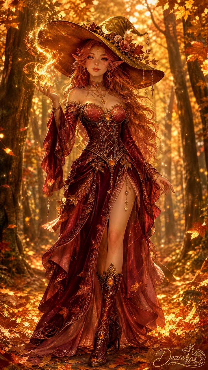 Elven autumn witch holds glowing golden magic while standing in a sunlit fall maple forest