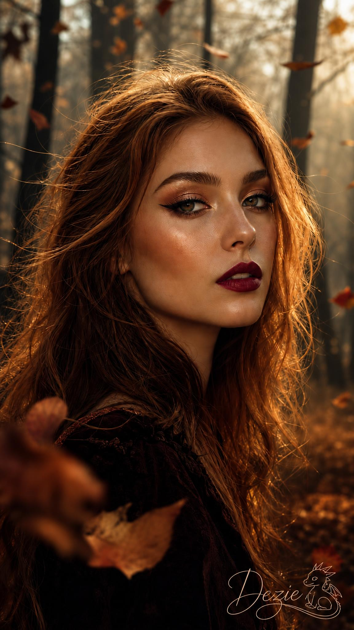 Woman with windswept auburn hair stands in a sunlit autumn forest as fall leaves drift around her