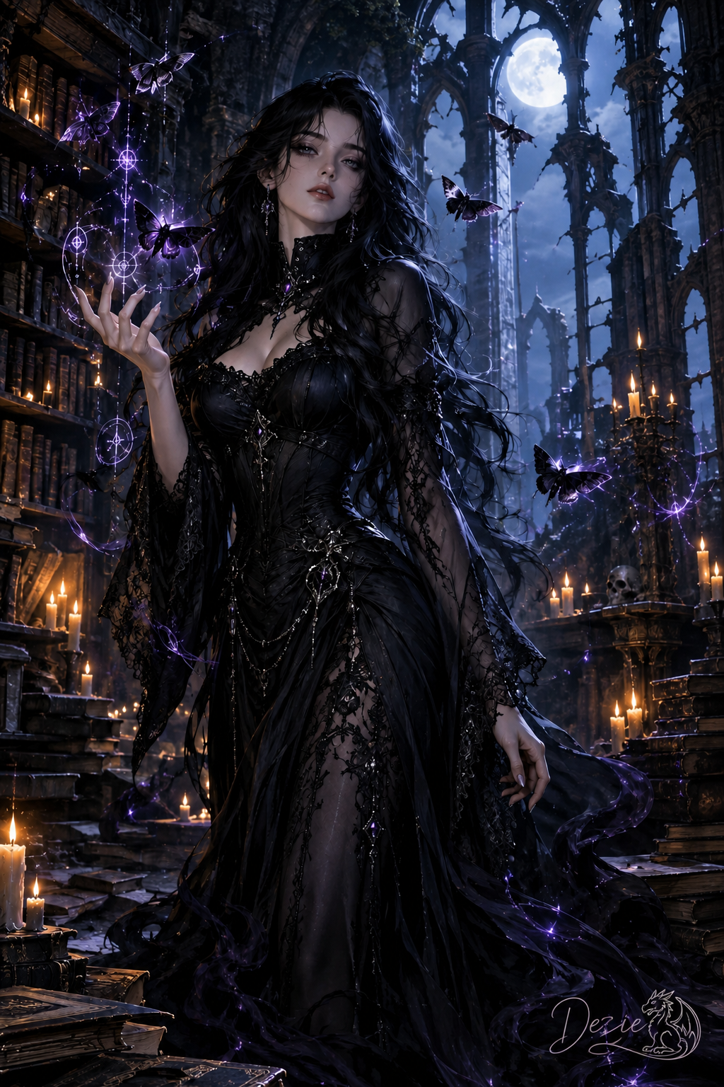 Gothic sorceress conjuring purple magic in a candlelit ruined gothic library under a full moon