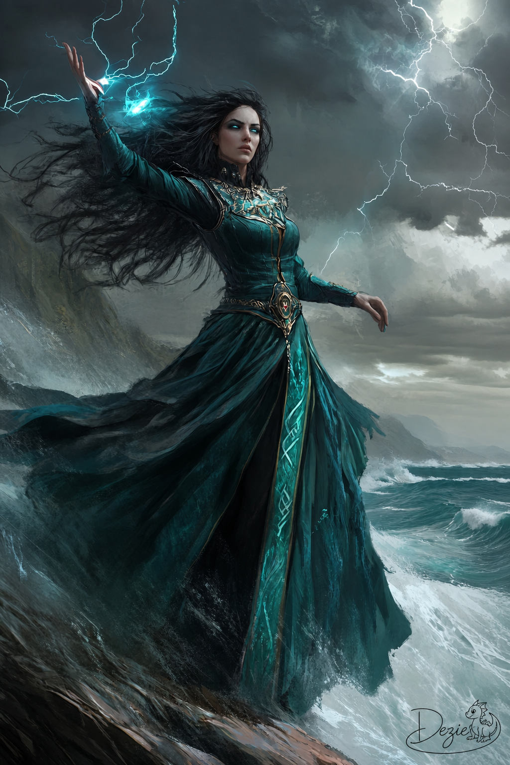 Powerful storm sorceress channels lightning while standing on a rocky cliff above a turbulent stormy sea