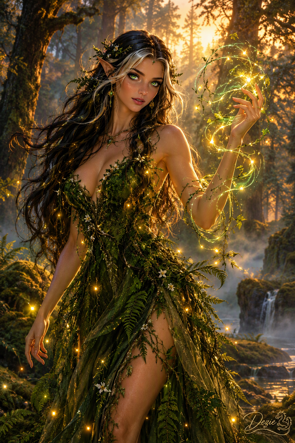 Elven dryad casting glowing nature magic in a misty golden hour old growth forest