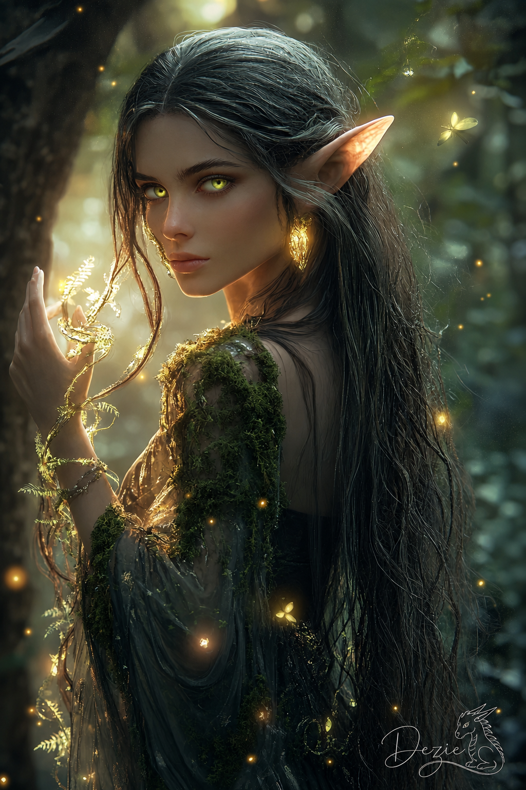 Elven druid with glowing golden eyes holds enchanted light vines in a misty sunlit magical forest