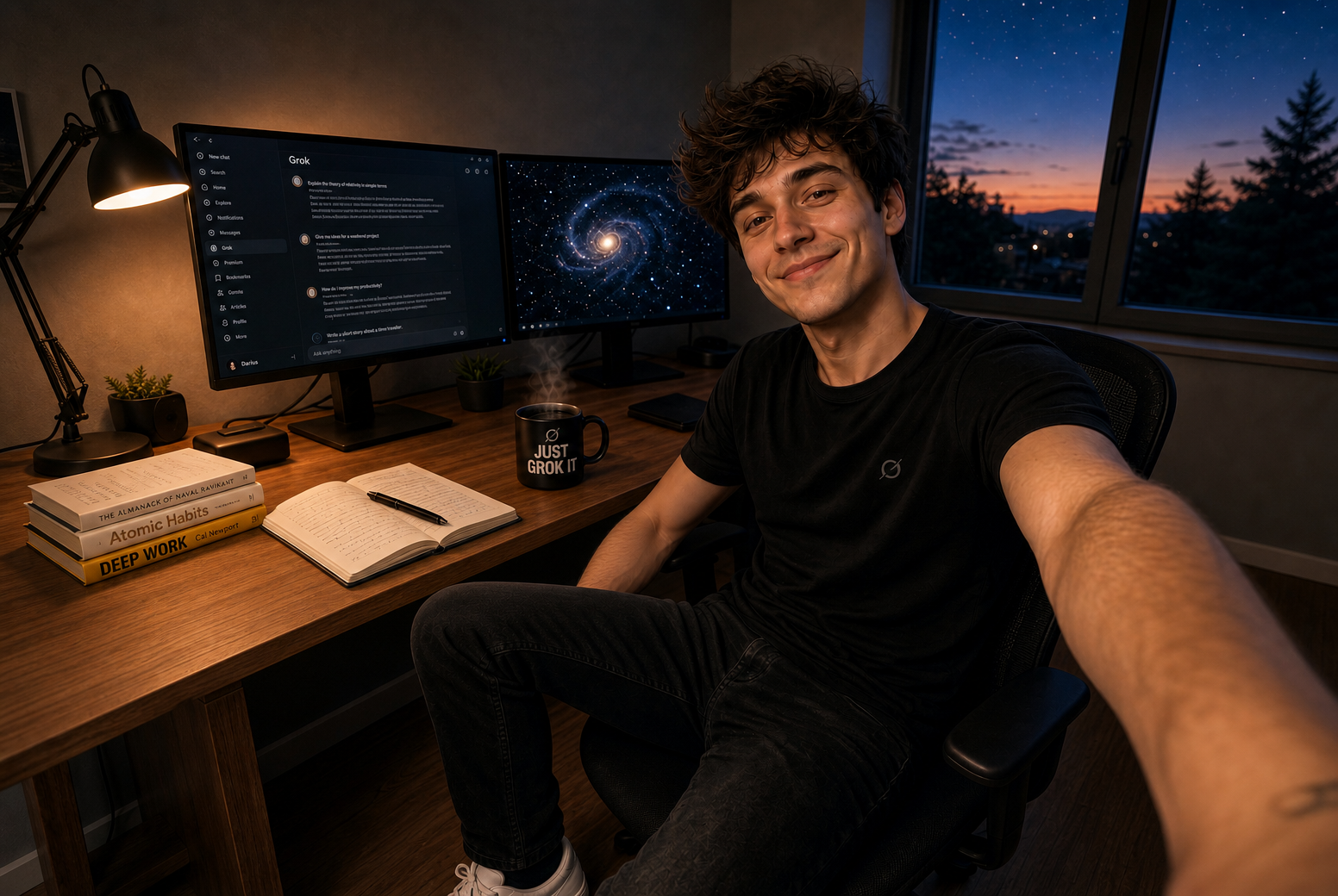 Smiling young man taking a selfie at his cozy home office desk during twilight sunset