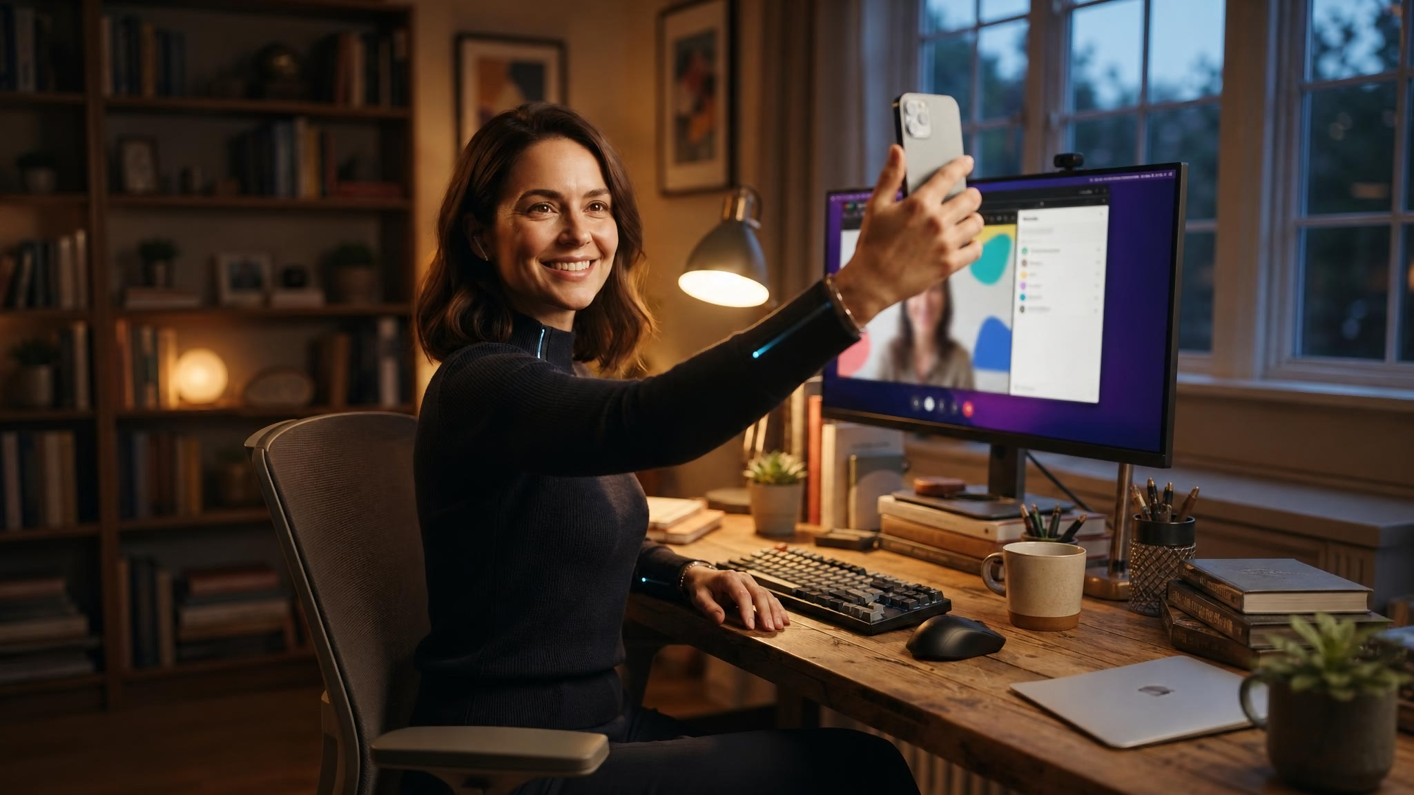 Smiling woman takes a selfie with her smartphone while seated at a cozy dusk home office desk