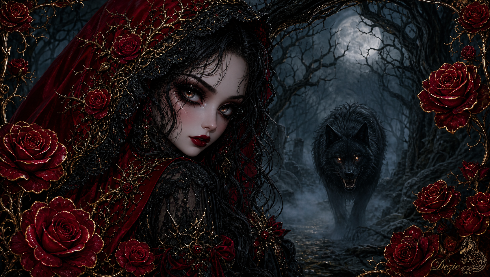 Gothic dark fantasy woman in gilded red rose veil — AI art by @dezie ...