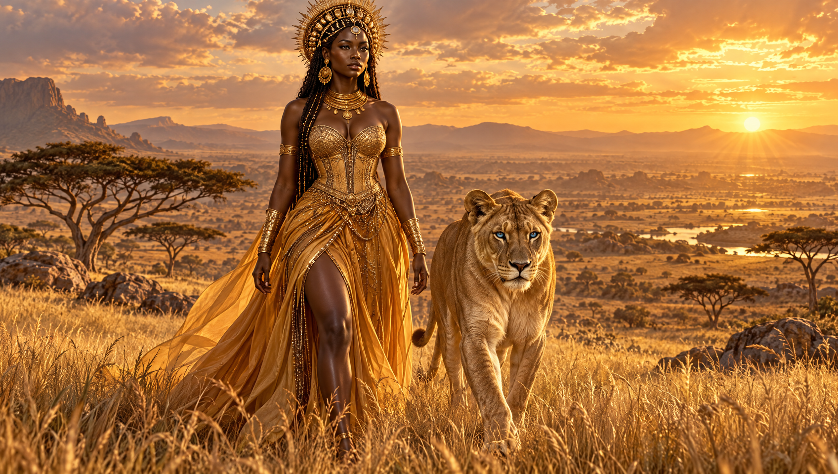 Regal Black queen in golden regalia walks beside a blue-eyed lioness across savanna grasslands at sunset