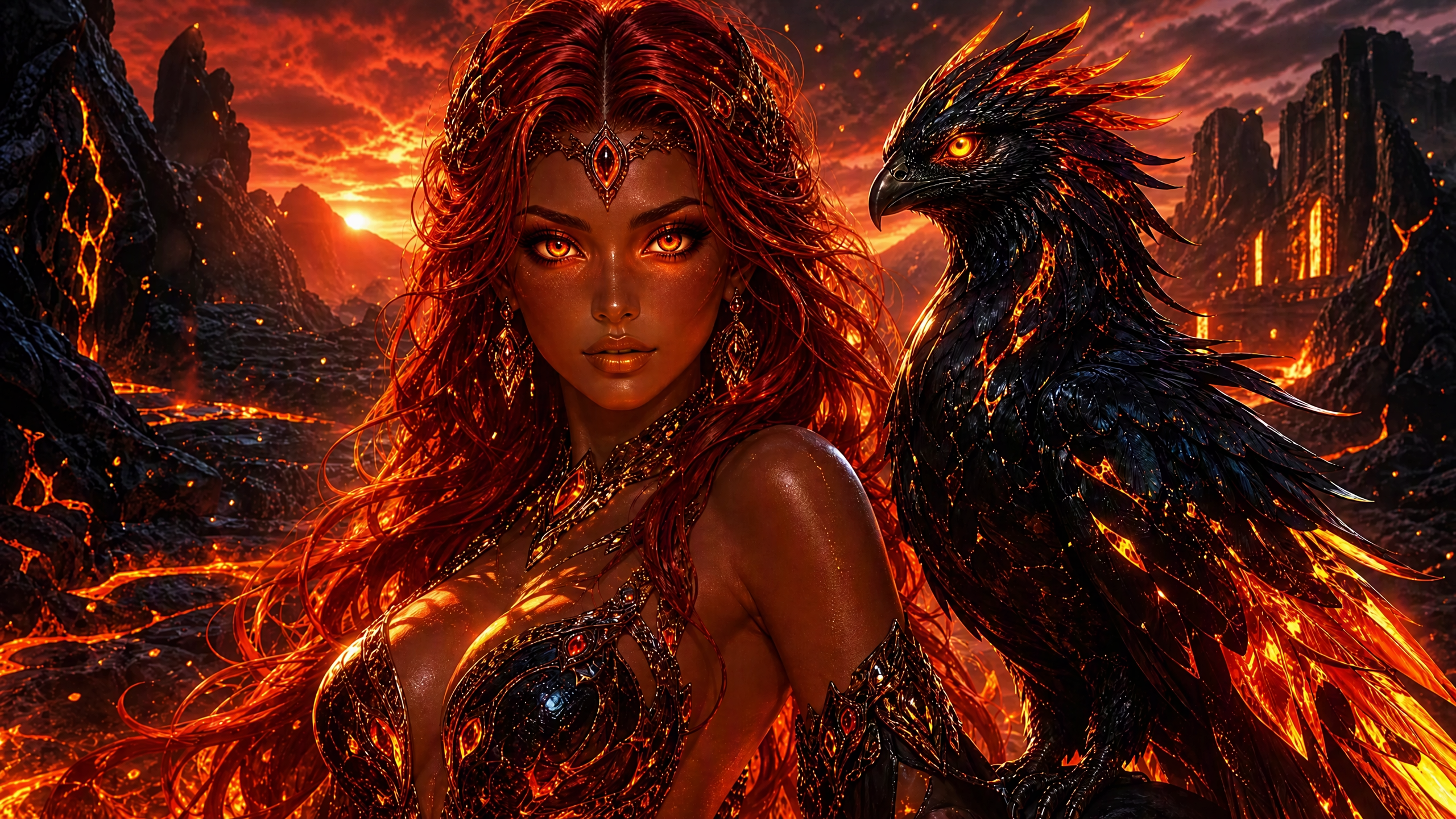 Fiery red-haired fire goddess stands with a glowing obsidian phoenix in a lava-lit volcanic realm