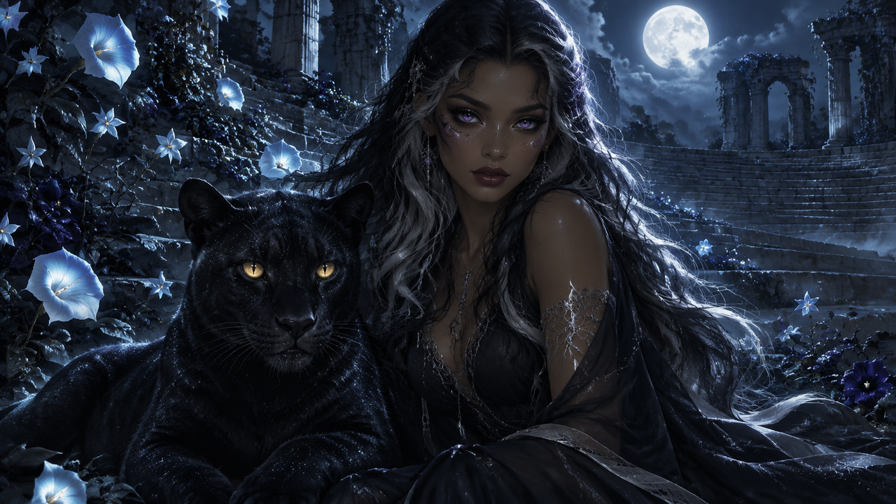 Ethereal dark fantasy woman sits beside a golden-eyed black panther in moonlit ancient ruins with glowing blue flowers