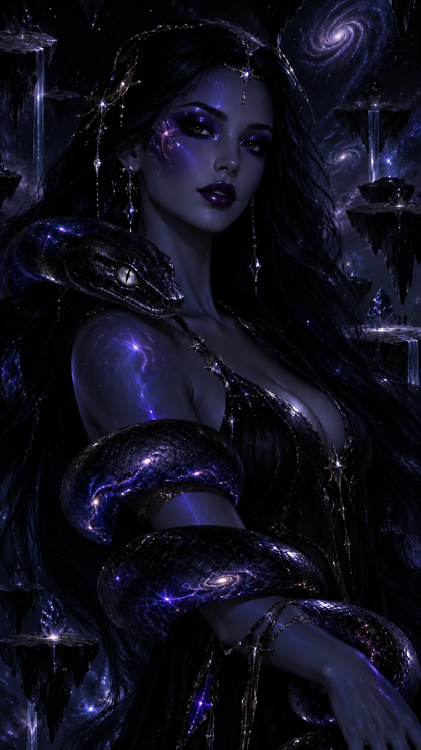 Dark celestial fantasy goddess with a glowing cosmic serpent coiled around her against a galaxy backdrop
