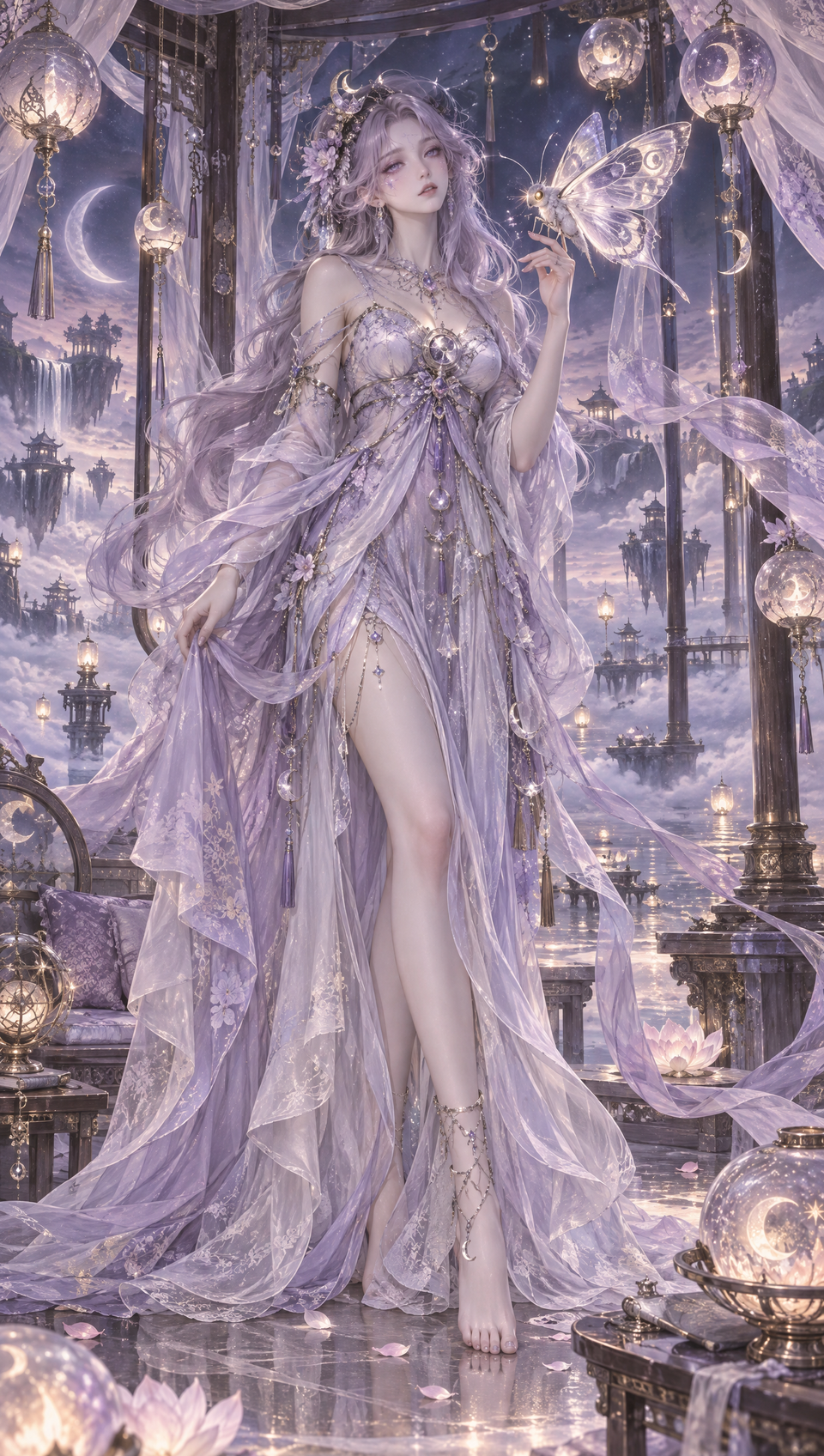 Ethereal lavender-haired moon goddess rests a glowing butterfly on her hand in a celestial cloud pavilion