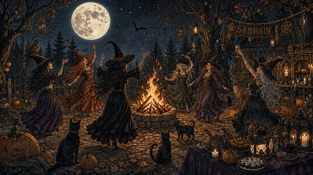 Coven of witches dancing around a glowing bonfire — AI art by @dezie ...