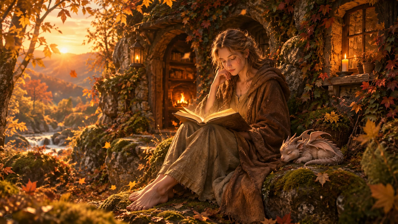 Young woman reads a glowing book beside a sleeping baby dragon outside a stone cottage at golden autumn sunset