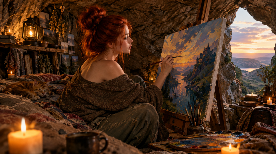Red haired female artist paints a landscape on an easel inside a cozy candlelit cave home at golden sunset