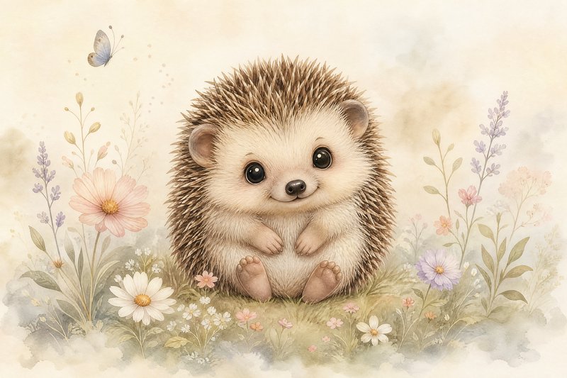 Cute baby hedgehog sitting among pastel flowers with a butterfly in a whimsical garden scene