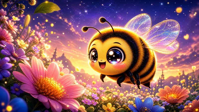 Adorable chibi bumblebee hovers above vibrant wildflowers under a magical starry sunset sky