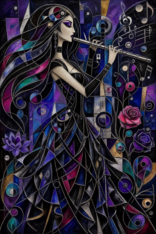 [Stained glass cubist illustration of an elegant woman playing a silver flute, surrounded by musical notes and jewel-toned...
