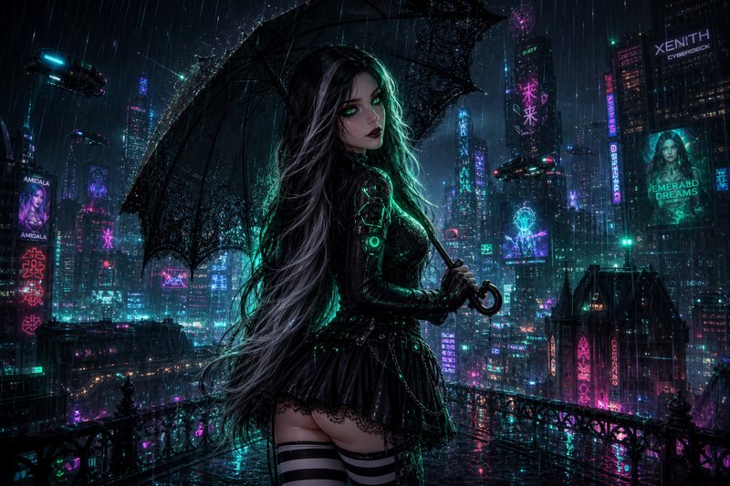 [Goth cyberpunk woman holding black lace umbrella stands on rain-soaked rooftop overlooking glowing neon futuristic night ...