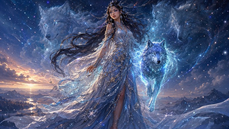 Ethereal celestial ice goddess stands flanked by glowing magical spirit wolves over a starry twilight mountain landscape