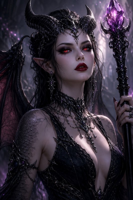 Horned dark fantasy demon queen with glowing red eyes holds an ornate purple crystal staff, wearing gothic jewelry and