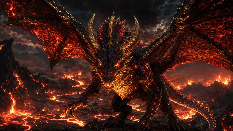Menacing glowing fire dragon with golden horns spreads wide wings over a lava-filled volcanic hellscape