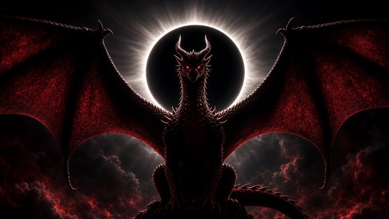 Menacing horned red-eyed dragon spreads outstretched wings, silhouetted against a glowing total solar eclipse above