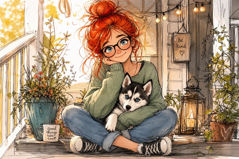 Whimsical illustrated red-haired girl with glasses snuggling a husky puppy on a cozy sunlit front porch.