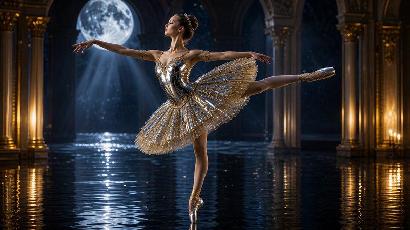 Graceful ballerina in silver-gold ornate tutu holds arabesque en pointe in a moonlit grand palace ballroom