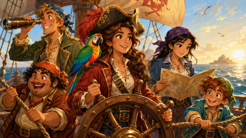 Whimsical anime-style pirate crew on tall ship deck at golden sunset, captain at the helm with a colorful macaw parrot