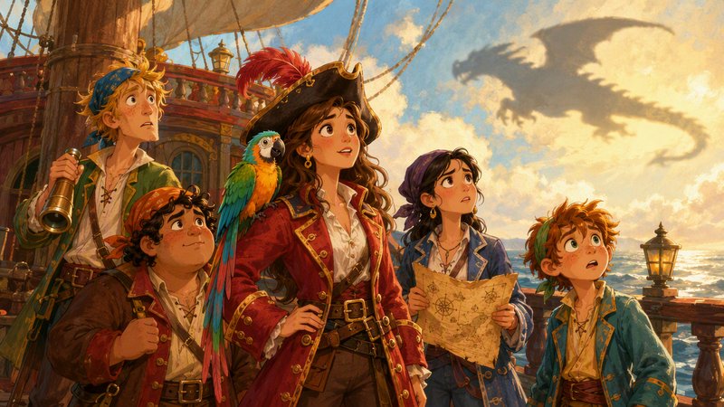 Young pirate crew on a wooden ship deck gaze upward at a dragon-shaped cloud, with a parrot perched on the lead