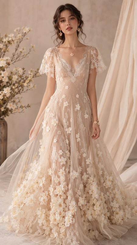 Elegant model poses in a romantic champagne 3D floral tulle wedding gown in a soft bridal studio setting.