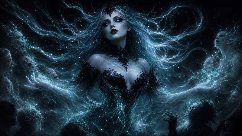 Ethereal dark fantasy necromancer queen with glowing wispy blue hair, surrounded by floating ghostly spirits, wears