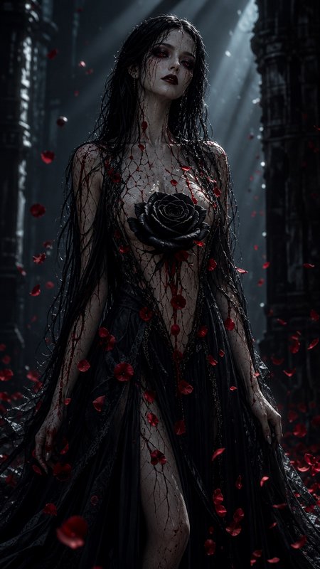 Gothic dark fantasy woman with a black rose on her chest, falling red rose petals, dramatic light in a shadowy stone hall.