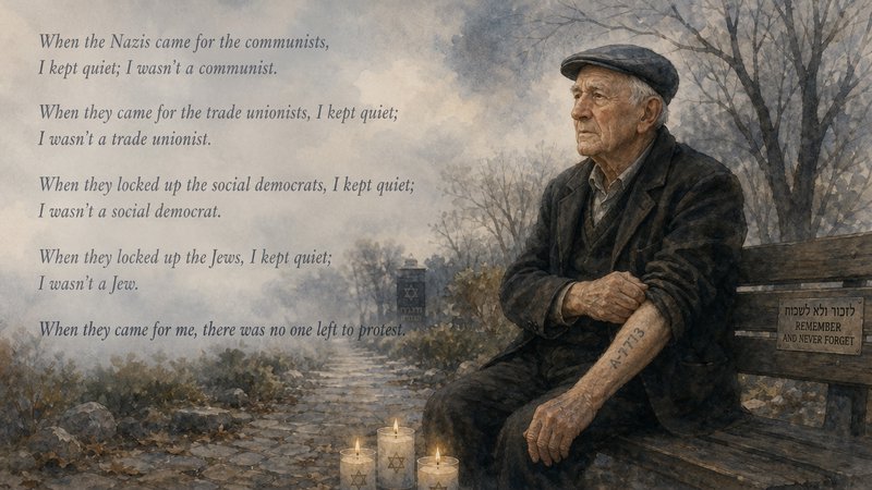 Watercolor illustration of elderly Holocaust survivor with prisoner tattoo, memorial candles, and the iconic Martin