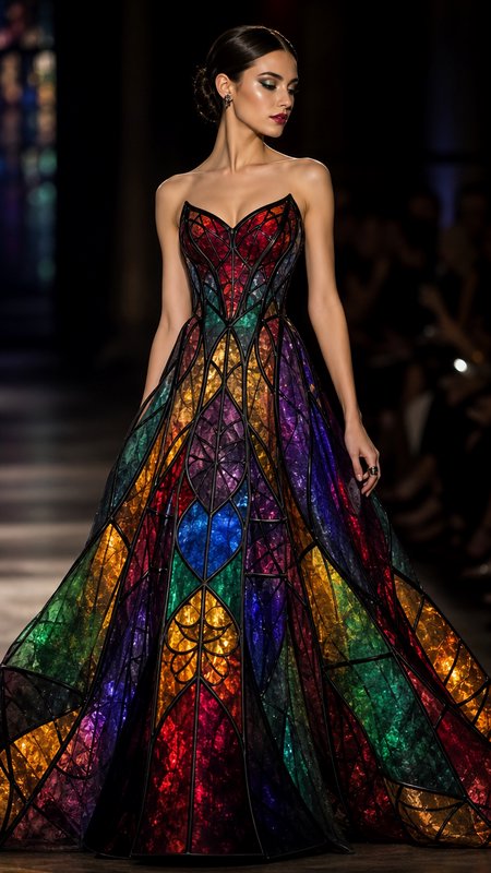 Runway model wearing a dramatic strapless ball gown designed to look like vibrant multicolor stained glass with black
