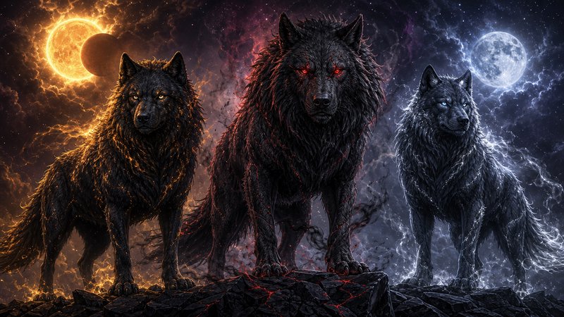 Three elemental mythic black wolves stand on jagged rock between a fiery solar